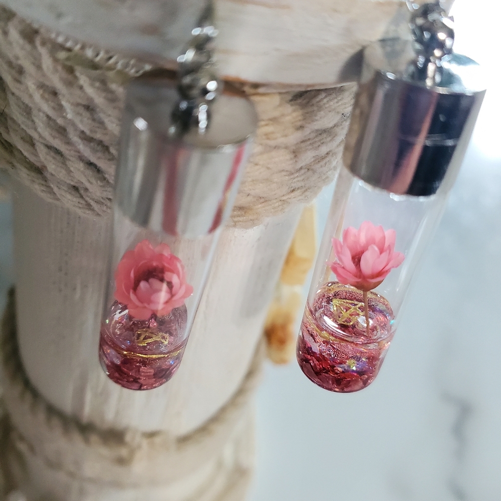 Pink Wish Flowers Glass Bottle Dangle Earrings - Picture 4 of 14